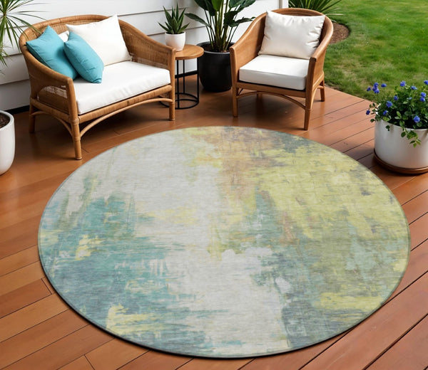 HomeRoots 5' Pale Aqua and Ivory Abstract Area Rug – Stylish, Washable Design for Indoor and Outdoor Spaces 8' Round 627913