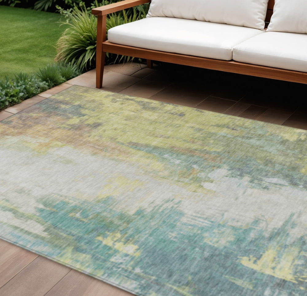 HomeRoots 5' Pale Aqua and Ivory Abstract Area Rug – Stylish, Washable Design for Indoor and Outdoor Spaces 10' X 14' 627916