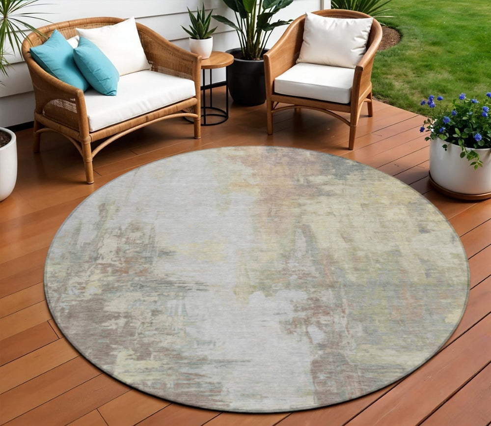 HomeRoots 5' Tan and Brown Abstract Area Rug - Durable, Machine Washable Indoor/Outdoor Accent for Any Space 8' Round 627919