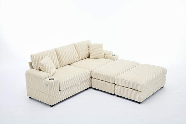 English Elm Corduroy Upholstered Chaise Lounge Sofa with Movable Ottoman, Cup Holder, Deep Seat Comfort Beige W2120S00008