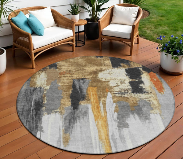 HomeRoots 5' Black and Gold Abstract Area Rug - Stylish, Washable, Indoor/Outdoor Rug for High-Traffic Spaces 8' Round 627943
