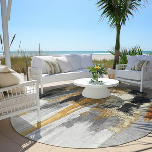 HomeRoots 5' Black and Gold Abstract Area Rug - Stylish, Washable, Indoor/Outdoor Rug for High-Traffic Spaces 8' Round 627943