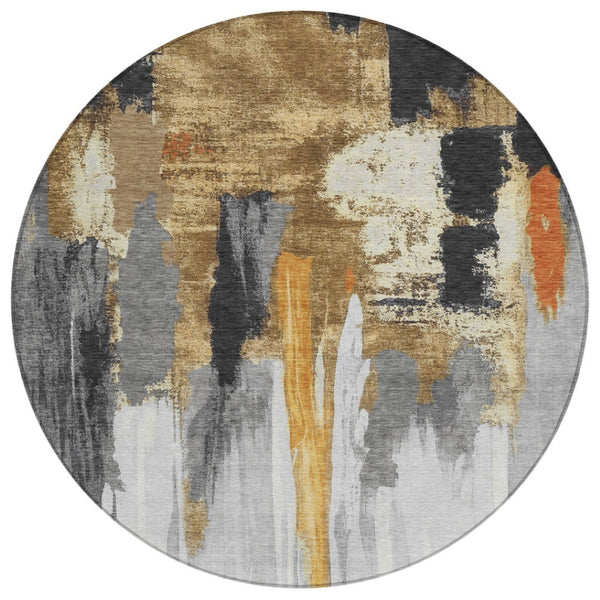 HomeRoots 5' Black and Gold Abstract Area Rug - Stylish, Washable, Indoor/Outdoor Rug for High-Traffic Spaces 8' Round 627943