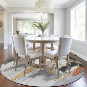 HomeRoots 5' Black and Gold Abstract Area Rug - Stylish, Washable, Indoor/Outdoor Rug for High-Traffic Spaces 8' Round 627943