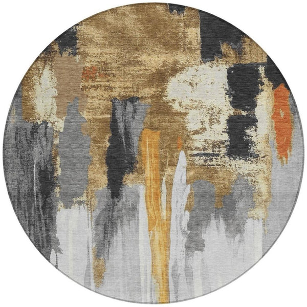 HomeRoots 5' Black and Gold Abstract Area Rug - Stylish, Washable, Indoor/Outdoor Rug for High-Traffic Spaces 8' Round 627943