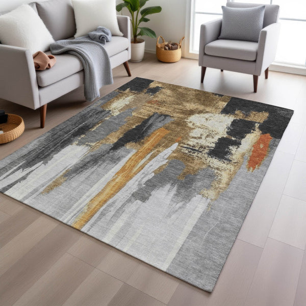 HomeRoots 5' Black and Gold Abstract Area Rug - Stylish, Washable, Indoor/Outdoor Rug for High-Traffic Spaces 9' X 12' 627945