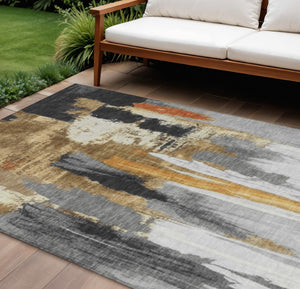HomeRoots 5' Black and Gold Abstract Area Rug - Stylish, Washable, Indoor/Outdoor Rug for High-Traffic Spaces 10' X 14' 627946