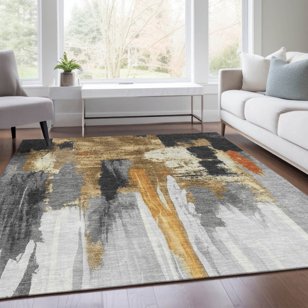 HomeRoots 5' Black and Gold Abstract Area Rug - Stylish, Washable, Indoor/Outdoor Rug for High-Traffic Spaces 10' X 14' 627946