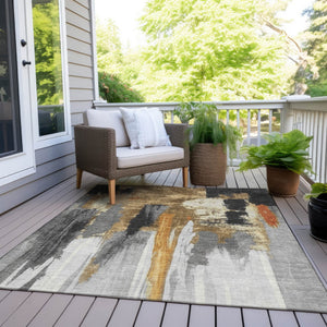 HomeRoots 5' Black and Gold Abstract Area Rug - Stylish, Washable, Indoor/Outdoor Rug for High-Traffic Spaces 10' X 14' 627946