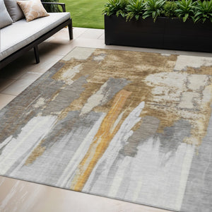 HomeRoots 5' Elegant Ivory and Gold Abstract Area Rug - Durable, Machine Washable for Indoor and Outdoor Use 5' X 8' 627948