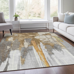 HomeRoots 5' Elegant Ivory and Gold Abstract Area Rug - Durable, Machine Washable for Indoor and Outdoor Use 5' X 8' 627948