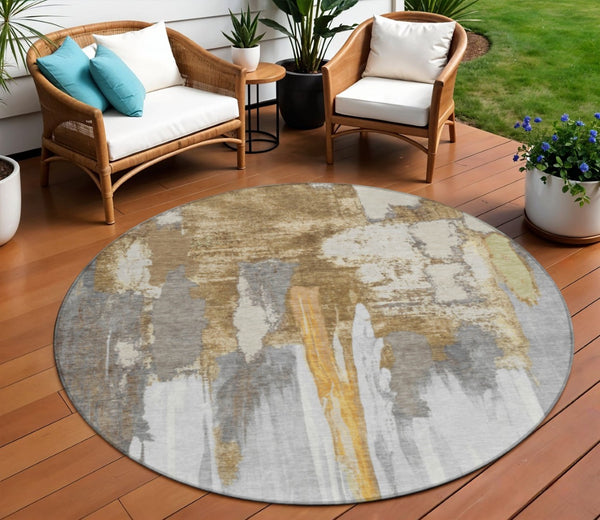 HomeRoots 5' Elegant Ivory and Gold Abstract Area Rug - Durable, Machine Washable for Indoor and Outdoor Use 8' Round 627949