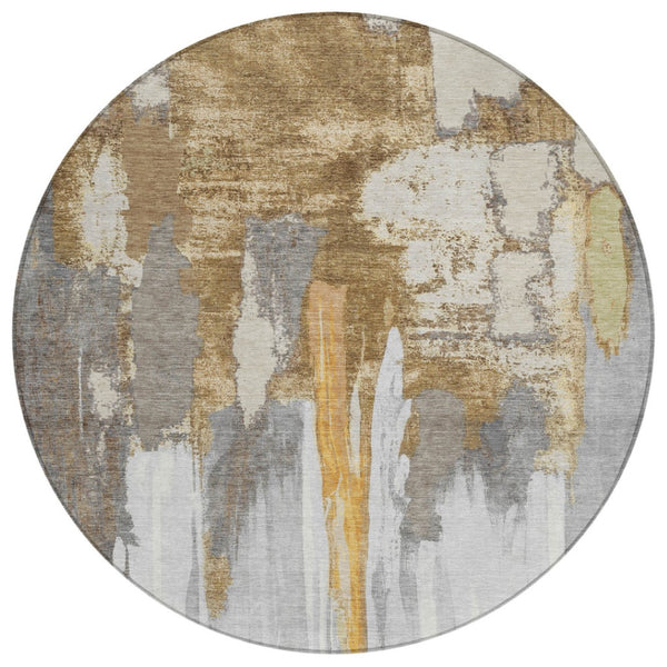 HomeRoots 5' Elegant Ivory and Gold Abstract Area Rug - Durable, Machine Washable for Indoor and Outdoor Use 8' Round 627949