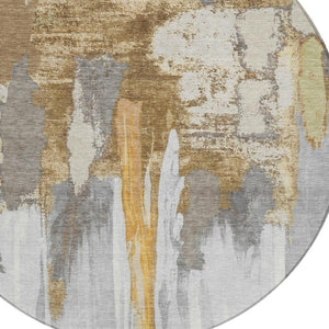 HomeRoots 5' Elegant Ivory and Gold Abstract Area Rug - Durable, Machine Washable for Indoor and Outdoor Use 8' Round 627949