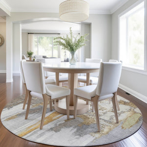 HomeRoots 5' Elegant Ivory and Gold Abstract Area Rug - Durable, Machine Washable for Indoor and Outdoor Use 8' Round 627949