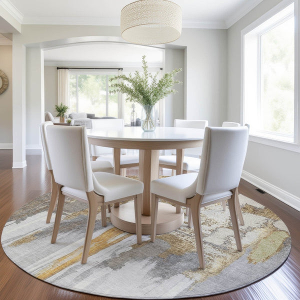 HomeRoots 5' Elegant Ivory and Gold Abstract Area Rug - Durable, Machine Washable for Indoor and Outdoor Use 8' Round 627949