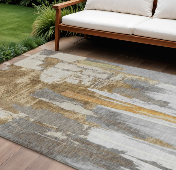 HomeRoots 5' Elegant Ivory and Gold Abstract Area Rug - Durable, Machine Washable for Indoor and Outdoor Use 10' X 14' 627952