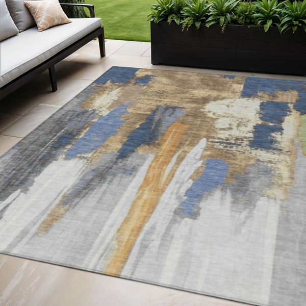 HomeRoots 5' Navy Blue and Gold Abstract Area Rug - Washable, Durable, Ideal for Indoor and Outdoor Use 5' X 8' 627954