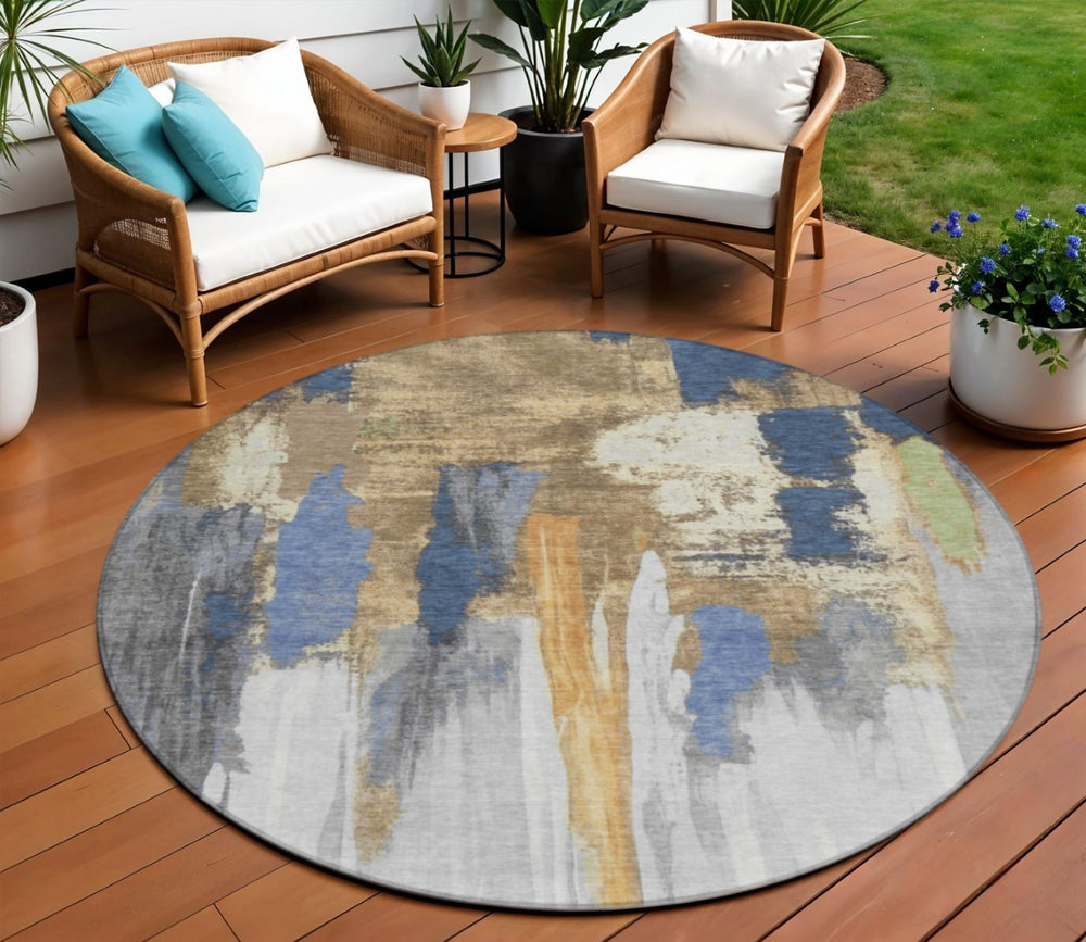 HomeRoots 5' Navy Blue and Gold Abstract Area Rug - Washable, Durable, Ideal for Indoor and Outdoor Use 8' Round 627955