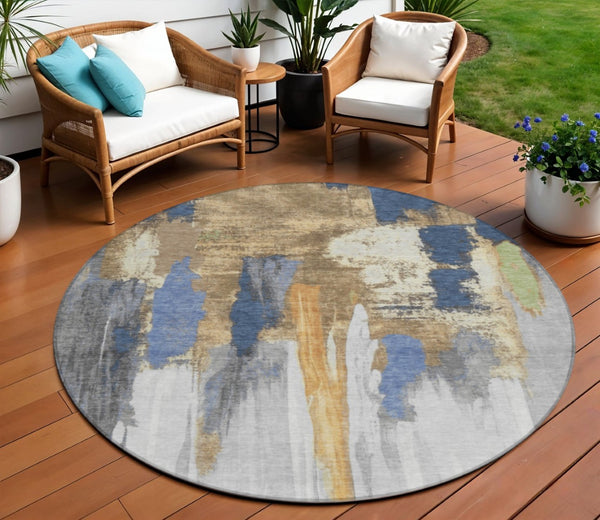 HomeRoots 5' Navy Blue and Gold Abstract Area Rug - Washable, Durable, Ideal for Indoor and Outdoor Use 8' Round 627955