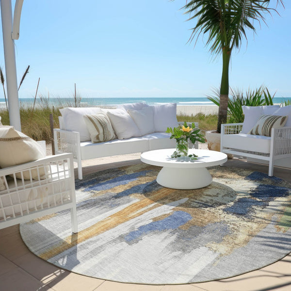 HomeRoots 5' Navy Blue and Gold Abstract Area Rug - Washable, Durable, Ideal for Indoor and Outdoor Use 8' Round 627955