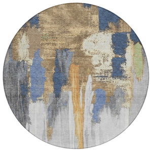 HomeRoots 5' Navy Blue and Gold Abstract Area Rug - Washable, Durable, Ideal for Indoor and Outdoor Use 8' Round 627955
