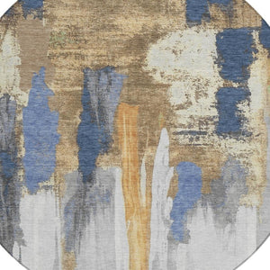 HomeRoots 5' Navy Blue and Gold Abstract Area Rug - Washable, Durable, Ideal for Indoor and Outdoor Use 8' Round 627955