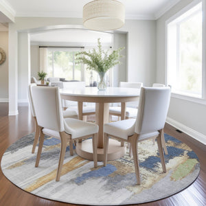 HomeRoots 5' Navy Blue and Gold Abstract Area Rug - Washable, Durable, Ideal for Indoor and Outdoor Use 8' Round 627955
