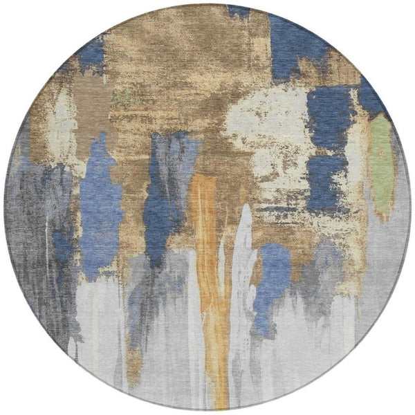 HomeRoots 5' Navy Blue and Gold Abstract Area Rug - Washable, Durable, Ideal for Indoor and Outdoor Use 8' Round 627955