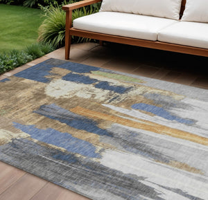 HomeRoots 5' Navy Blue and Gold Abstract Area Rug - Washable, Durable, Ideal for Indoor and Outdoor Use 8' X 10' 627956
