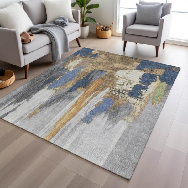 HomeRoots 5' Navy Blue and Gold Abstract Area Rug - Washable, Durable, Ideal for Indoor and Outdoor Use 8' X 10' 627956