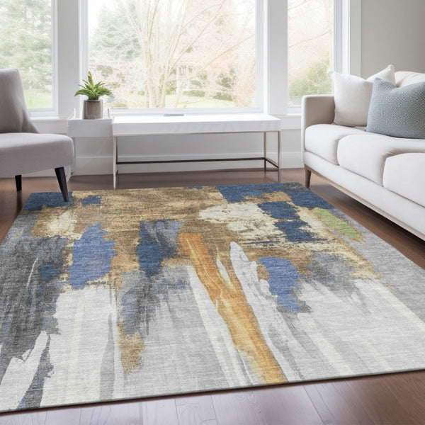 HomeRoots 5' Navy Blue and Gold Abstract Area Rug - Washable, Durable, Ideal for Indoor and Outdoor Use 8' X 10' 627956
