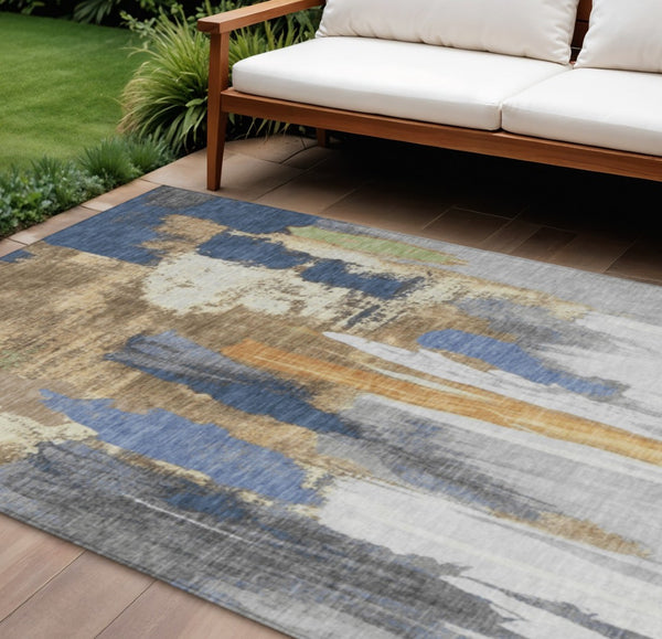HomeRoots 5' Navy Blue and Gold Abstract Area Rug - Washable, Durable, Ideal for Indoor and Outdoor Use 9' X 12' 627957