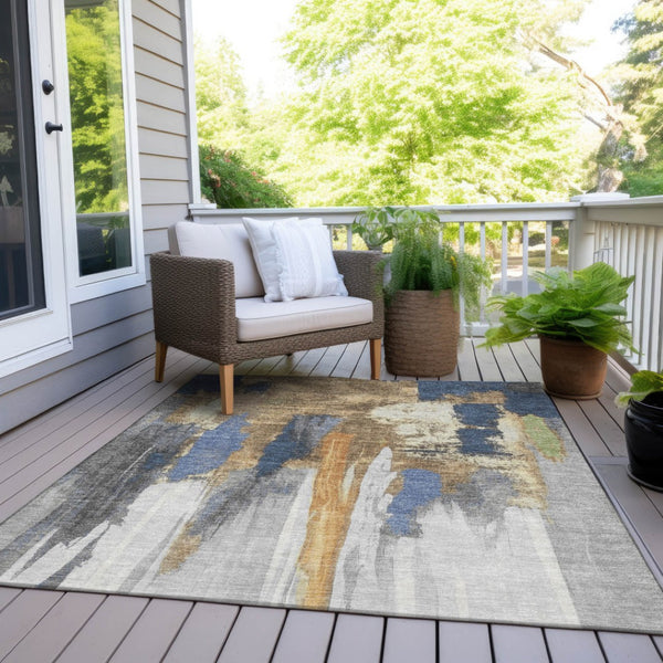 HomeRoots 5' Navy Blue and Gold Abstract Area Rug - Washable, Durable, Ideal for Indoor and Outdoor Use 10' X 14' 627958