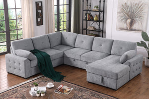 English Elm Multi Functional L Shaped Sectional Sofa with Sleeper and Hidden Storage Chaise Light Gray B2730S00056