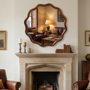 English Elm Black Walnut Solid Wood Wavy Round Mirror Sculptural Bohemian Wall Accent 30 Inch W2203P455238