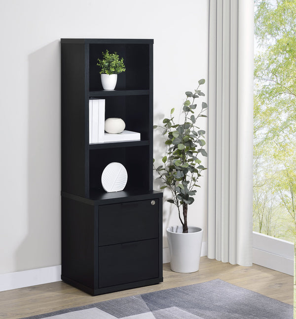 English Elm 1pc Multifunctional Bookcase with 3 Open Shelves, 2 Lockable Drawers and Dual USB-A/USB-C Charging Ports Black 42 L x 26.25 W x 8 H B011P337667