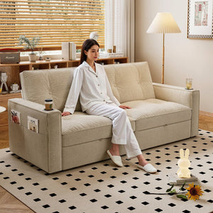 English Elm SOMNUS Convertible Sofa Bed with Corduroy Upholstery, Space-Saving 2-in-1 Design, Durable Steel Frame White W3820S00010