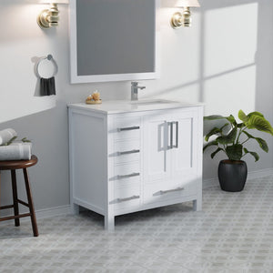 English Elm White Bath Vanity Set With Right Offset Quartz Top & Matching Mirror - Modern Storage Solution B2731S00682-GIGA