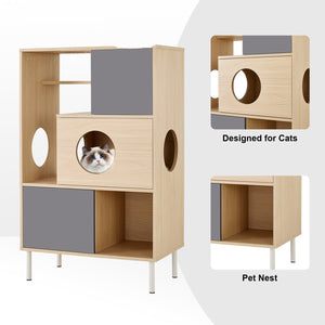 English Elm 2 Modern Cat Tree & Side Cabinet with Litter Box Enclosure, Stylish Wood Bookcase with Hidden Storage, Natural/Grey Elegance N843P254701N