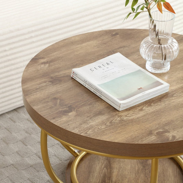 English Elm 31" Round Industrial Coffee Table Wood Grain Veneer Top Two Tier Open Shelf Living Room Golden W1117P414752