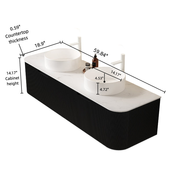 English Elm Dina 60" Modern Wall-Mounted Bathroom Vanity With Dual Ceramic Sinks & Storage, Pre-Assembled Black Design W2615S00128