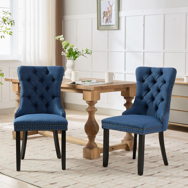 English Elm Nikki Tufted Flax Linen Dining Chair with Solid Wood Frame, High-Rebound Cushion, Nailhead Trim Blue W1143P233650