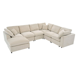 English Elm U_style Oversized Modular Sectional Plush Chenille Pine Frame Living Room Sofa with Ottoman Beige WY000453AAA