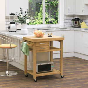 English Elm HOMCOM Bamboo Kitchen Island Cart with Locking Casters, 2 Drawers, Open Shelves & Side Towel Rack, Natural Finish W2225P217396