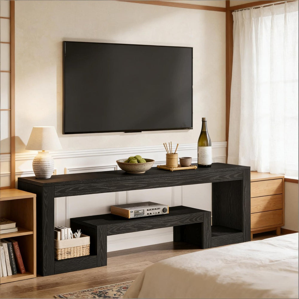 English Elm Spacious 63 Inch Media Console with Vintage Woodgrain Finish and Open Shelf Storage T3971P458835