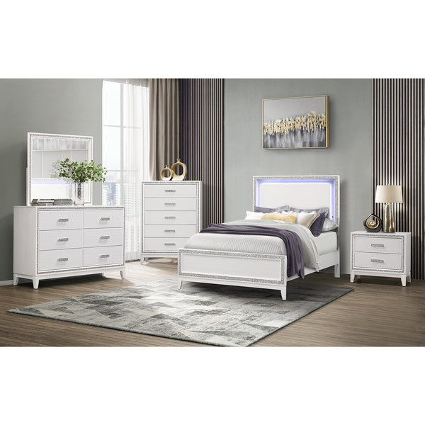 English Elm ALMERA Glam Transitional Full Bed with Crushed Crystal Trim, Solid Wood + MDF Construction, Elegant Finish White 66 L x 33 W x 5 H B201S00103