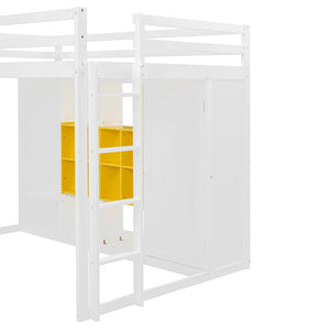 English Elm Twin Loft Bed with Wardrobe Shelves and Cabinet Kids Bedroom Wood Storage Frame Yellow+White N708S00024K