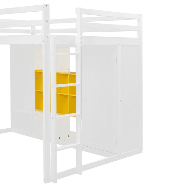 English Elm Twin Loft Bed with Wardrobe Shelves and Cabinet Kids Bedroom Wood Storage Frame Yellow+White N708S00024K
