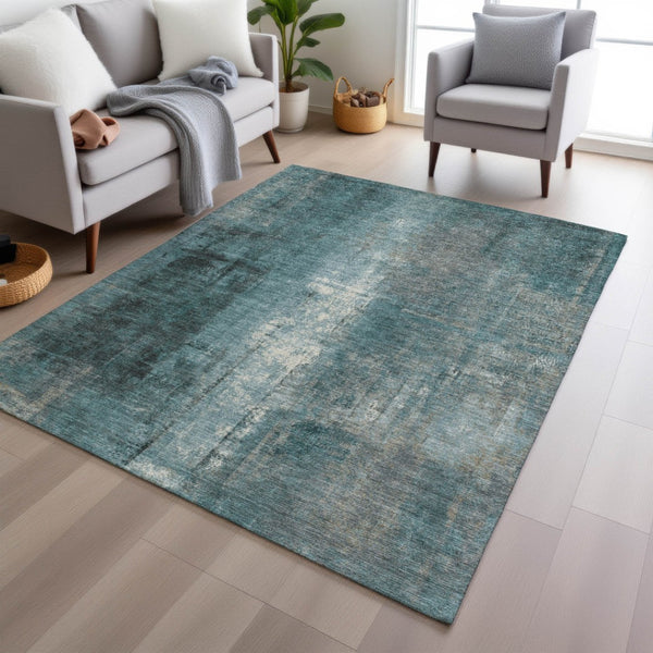 HomeRoots 5' Teal Blue and Ivory Abstract Area Rug - Durable, Washable, Indoor/Outdoor Design for Any Space 5' X 8' 628002